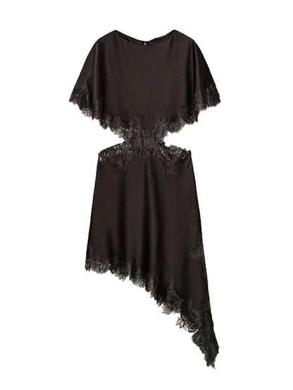 Sexy Lace Patchwork Waist Revealing Dress Women Fashion O-neck Short Sleeve High Waist Slim Dresses Female New Chic Casual Robe