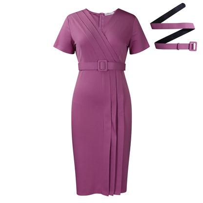 Summer New 2026 Women's Solid Color V-Neck Short Sleeve Dress Pencil Skirt Waist Tunle Material Fashionable Casual Maxi Dress