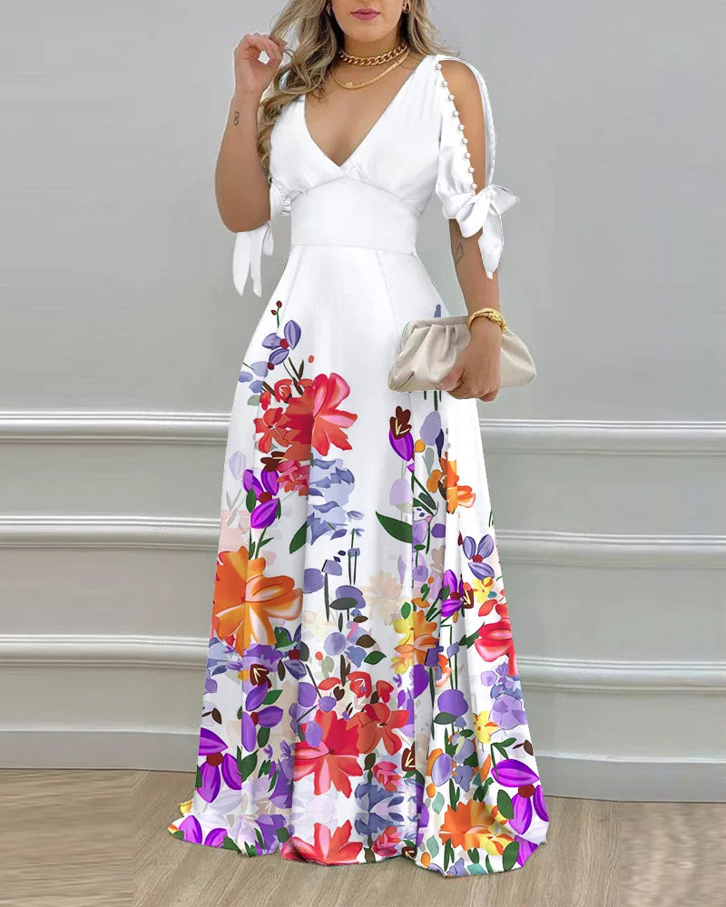 Elegant Women's Dresses Summer Fashion Split Sleeve Pearls Decor Plants Print Split Sleeve Casual V-Neck Half Sleeve Maxi Dress