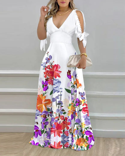 Elegant Women's Dresses Summer Fashion Split Sleeve Pearls Decor Plants Print Split Sleeve Casual V-Neck Half Sleeve Maxi Dress