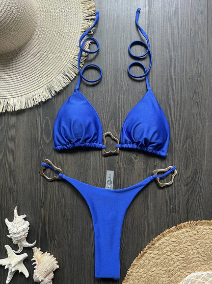 Sexy Solid Color Halter Lace-up Low Waist Bikini Set Women's Two Pieces Triangle Thong Swimsuit Bathing Suit Brazilian Biquinis