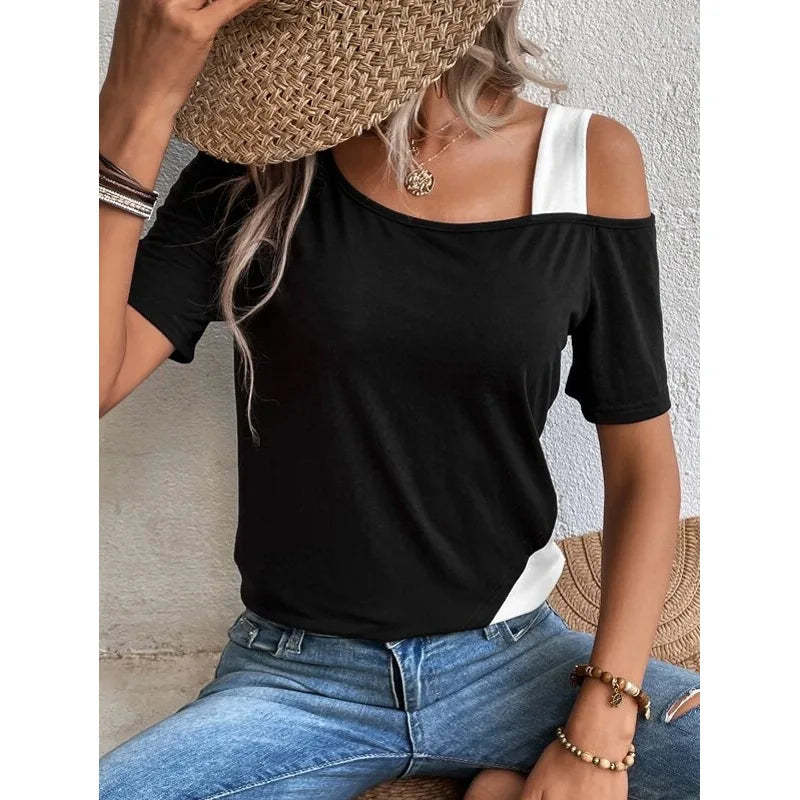 Chic Color Blocking Short Sleeved Women Solid Color Off Shoulder Asymmetric T-Shirt Female Summer Casual Tops