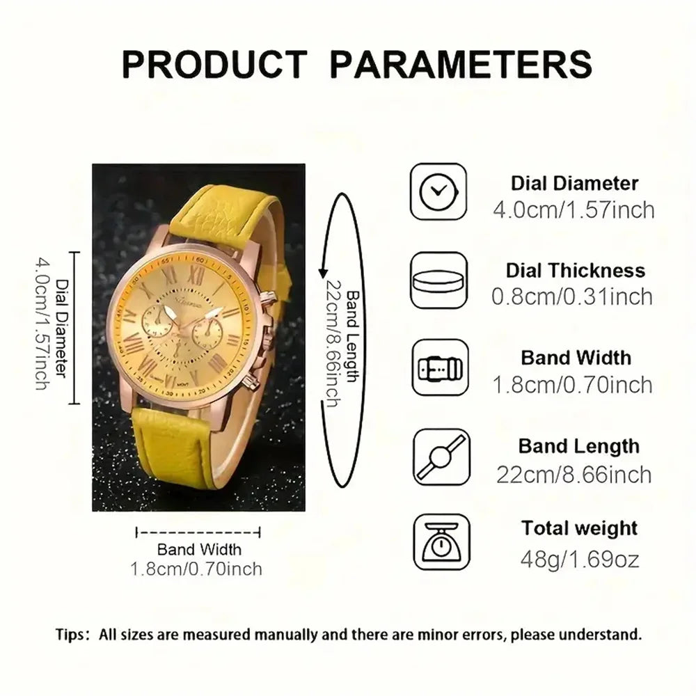 5PCS Women's Watches Fashion Roma Dial Leather Band Quartz Watch（Without Box