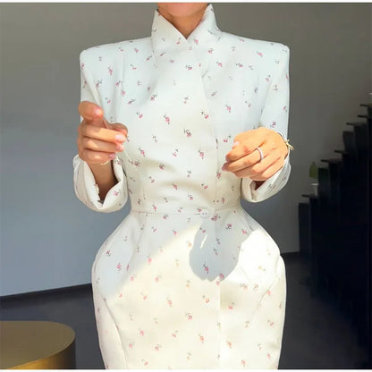 White Waist Cinching Floral Shoulder Pad Blazer Long Sleeve Single Breasted Jacket for Summer 2025 Elagant Female Outwear