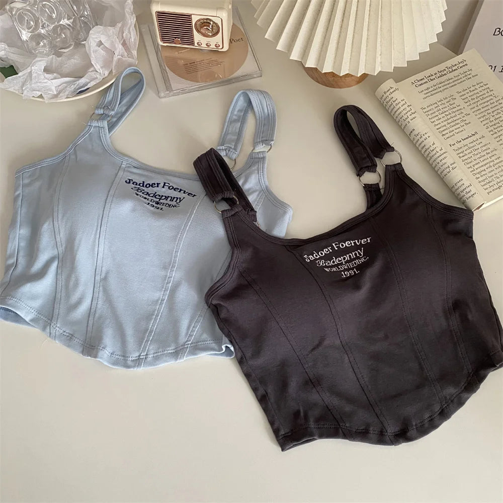 Fashion Embroid Letter Print Crop Tops Women Summer Sexy Streetwear Short Tops Suspenders Sports Tank Top Gym Solid Slim Vest