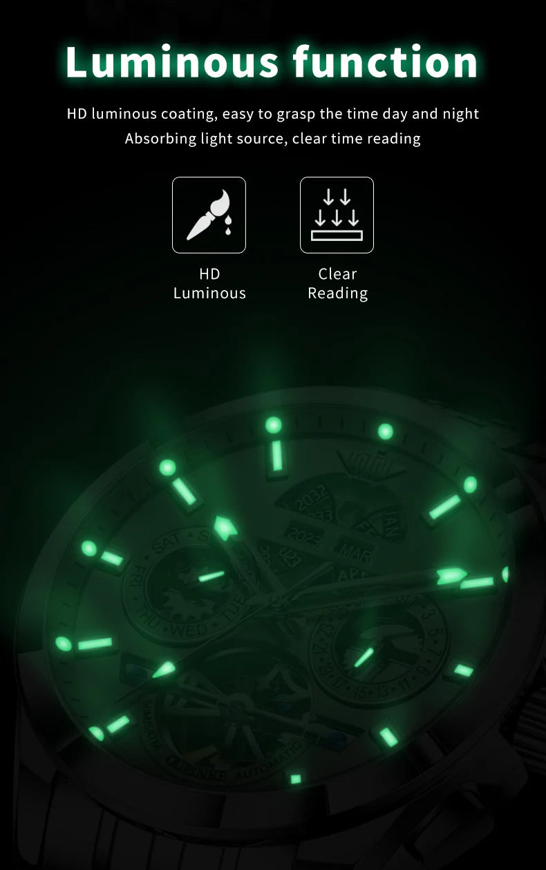 OUPINKE 3251 Men's Watches Flywheel Automatic Mechanical Original Wristwatch for Man Waterproof Luminous Perpetual Dual Calendar