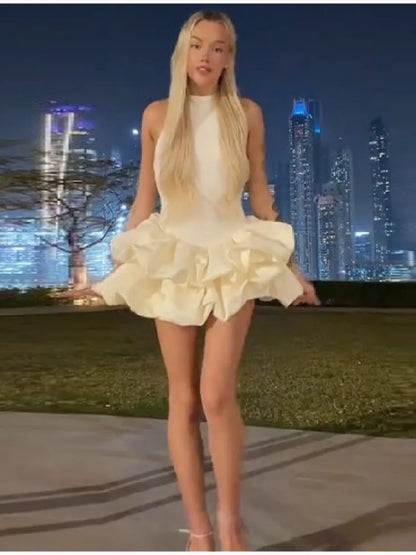 Gentle Sweet Mini Dress Sleeveless Ruffled Bubble Skirt Women Dresses Party Chic Female Stylish Fashion Date Outfits