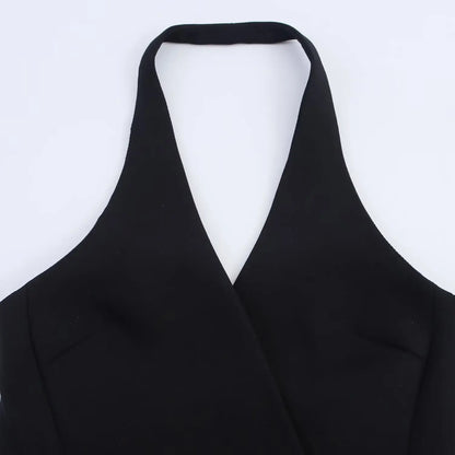 HH Female Sexy Mini Dress Grey Turn-Down Collar Sleeveless Backless Double Breasted Summer A-Line Dresses Woman New Trendy