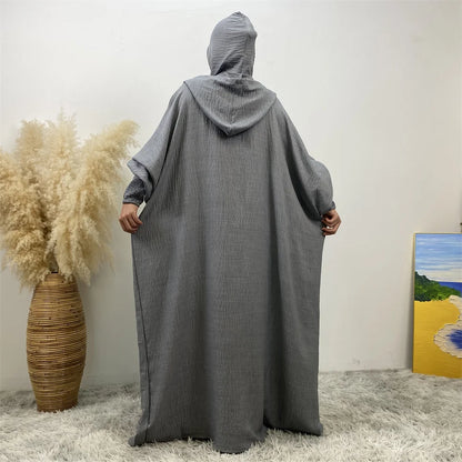 Hot Seller Ramadan Islamic Clothing Wrinkle Polyester Hoodie Abaya Dress With Undercap Muslim Women Abaya Hoodie Causal Dresses
