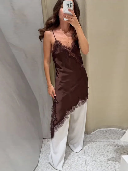 Sexy Satin Sexy Lace Spliced Sling Dress Women V-neck Sleeveless Backless Asymmetric Party Dresses 2025 Summer Vestidos