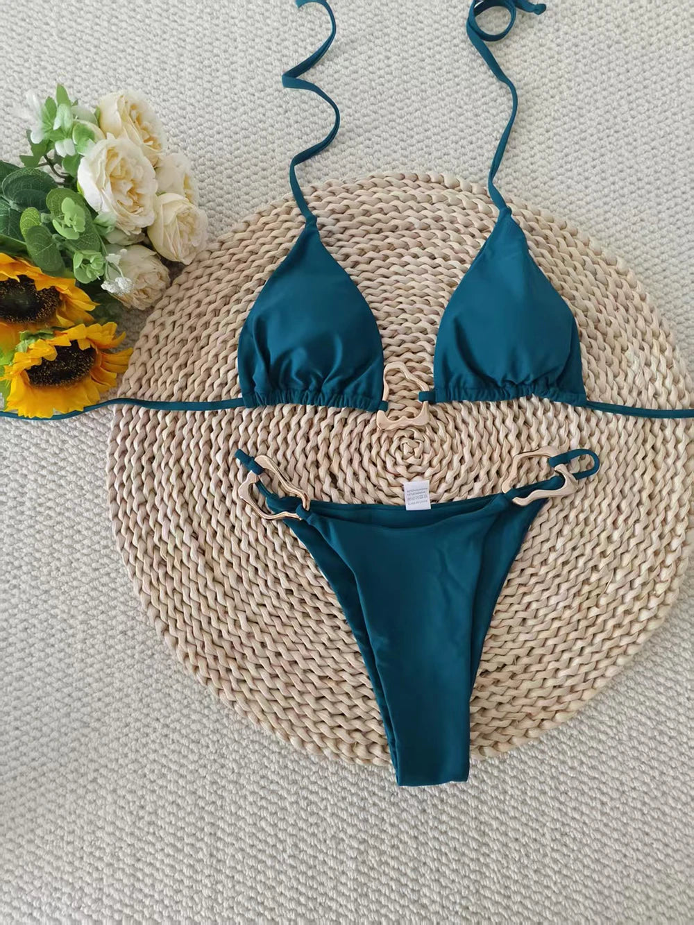 Sexy Solid Color Halter Lace-up Low Waist Bikini Set Women's Two Pieces Triangle Thong Swimsuit Bathing Suit Brazilian Biquinis