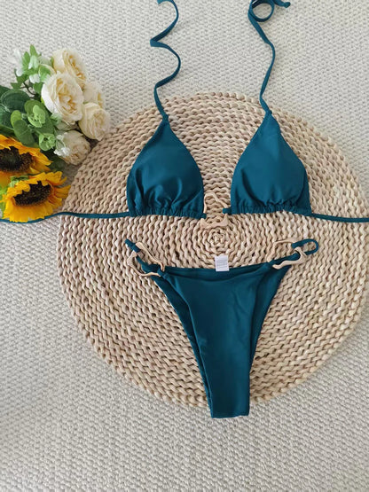 Sexy Solid Color Halter Lace-up Low Waist Bikini Set Women's Two Pieces Triangle Thong Swimsuit Bathing Suit Brazilian Biquinis