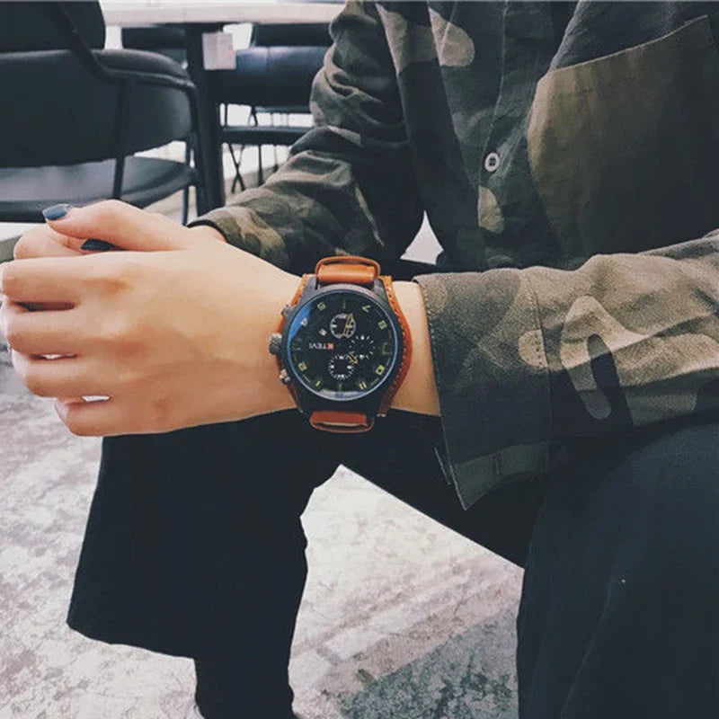 Retro Men's Watches High-end Luxury Man Watch PU Leather Strap Date Business Quartz Watch Big Dial Military tactical Wristwatch