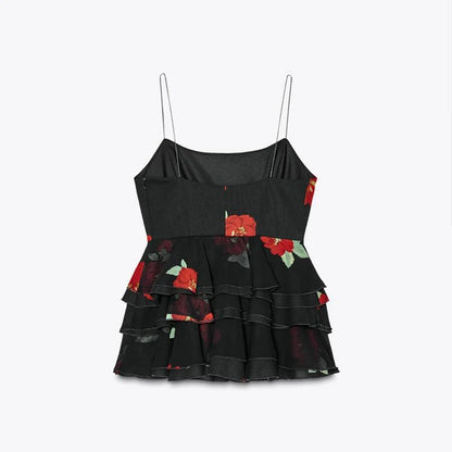 Printed Ruffle Top Skirt Set Women Slim Sling Sleeveless Backless Vest Straight Long Skirts 2025 Summer Elegant Sexy Lady Outfit