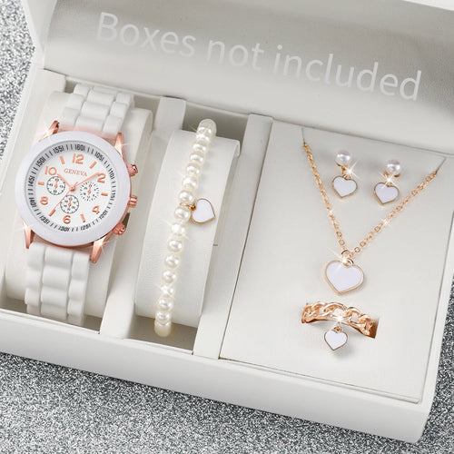 3/6PCS Women's Watches Casual Silicone Band Analog Quartz Watch Heart Pearls Jewelry Set(Without Box)