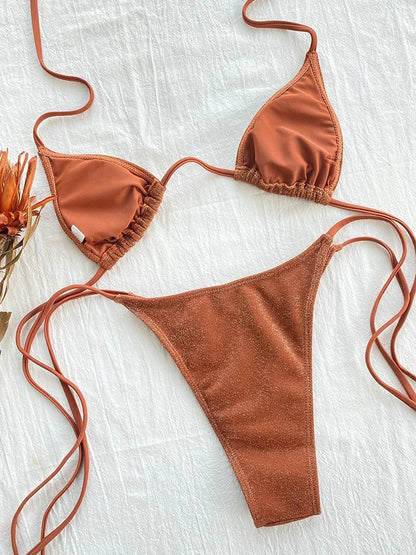 Miyouj Shiny Bikini Set Triangle Bikinis Bandage Swimsuit Women Two Piece Swimwear Summer Biquini New Beachwear