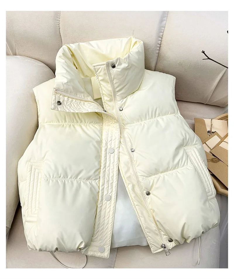 Winter Down Cotton Vest Jacket Women's 2025 New Sleevele Stand Parkas Warm Short Vest Coat Female Waistcoat Overcoat Ladies Tops