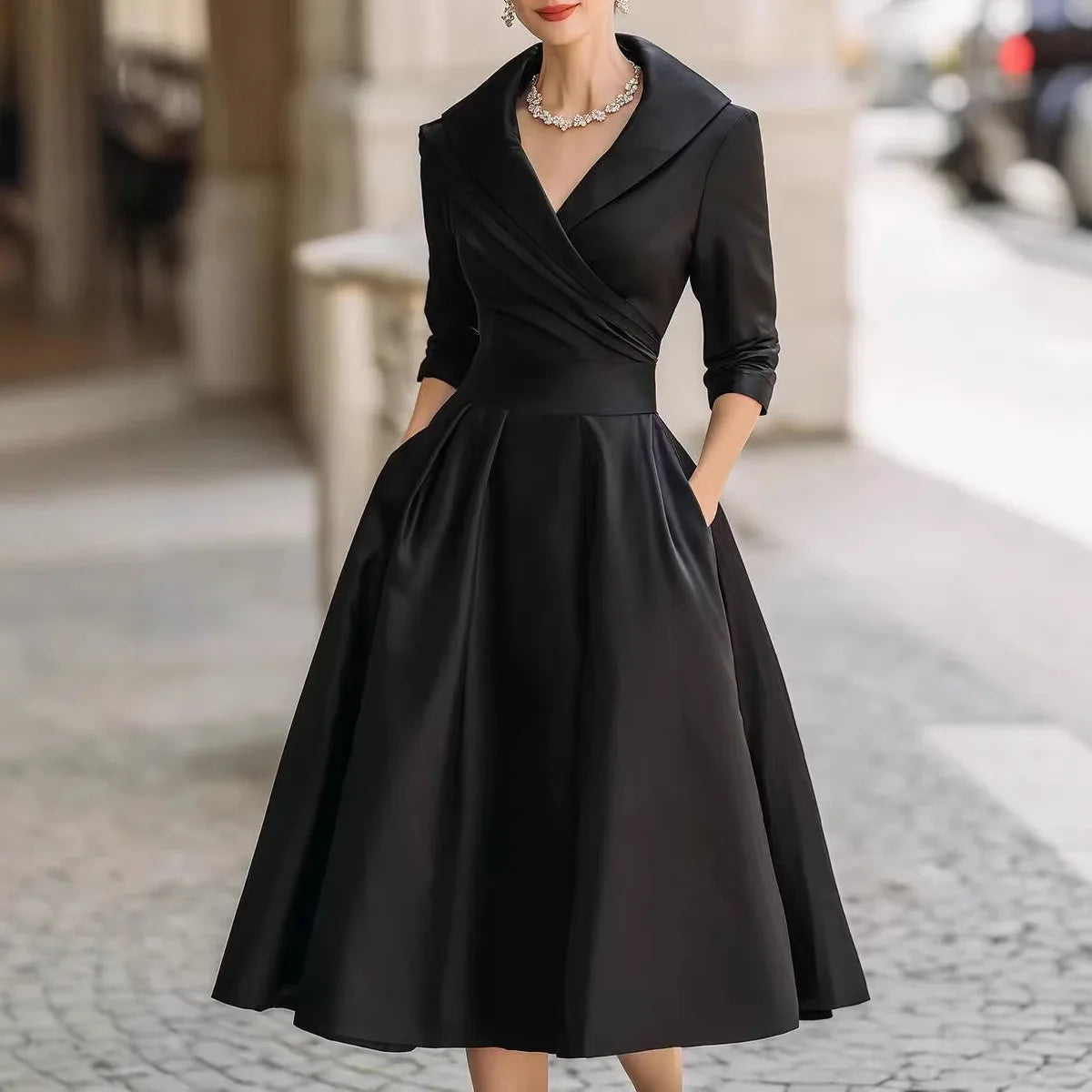 Office Lady Slim A-Line Dress Women 2025 Autumn Winter Fashion Long Sleeve Turn-down Collar Maxi Dresses Elegant Vestidos