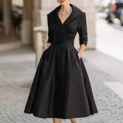 Office Lady Slim A-Line Dress Women 2025 Autumn Winter Fashion Long Sleeve Turn-down Collar Maxi Dresses Elegant Vestidos