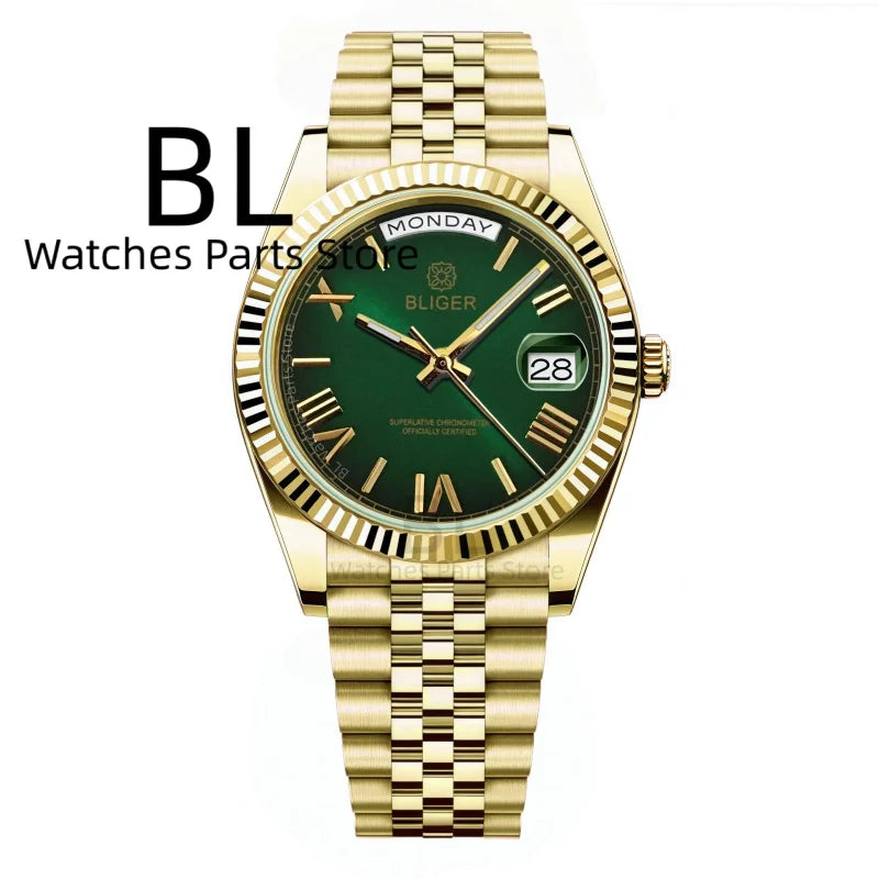 BLIGER 36mm39mm Silver Gold Luxury Enamel Dial Men's Watches Miyota8285 Week Date Function Waterproof Sapphire Glass Reloj Hombr