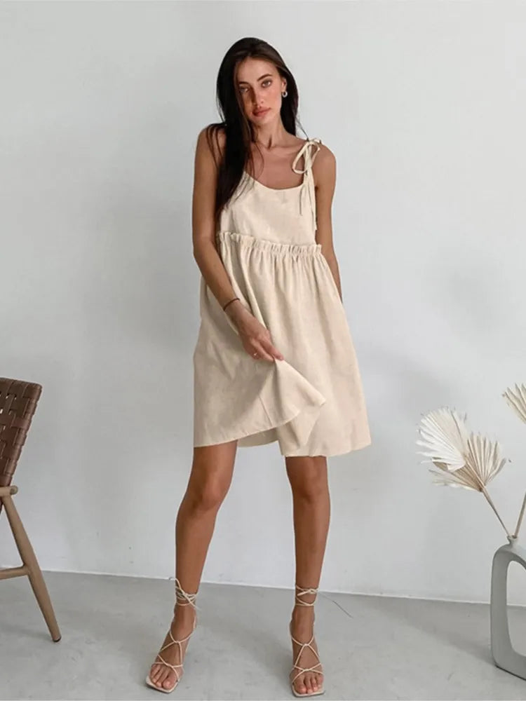 Solid Color Leace-up Spaghetti Strap Dresses Women Fashion Folds A-line Mini Dress Temperament Lady Commuting Short Vestidos New