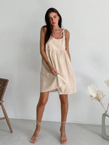 Solid Color Leace-up Spaghetti Strap Dresses Women Fashion Folds A-line Mini Dress Temperament Lady Commuting Short Vestidos New