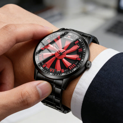 Sports Men Watch 43mm Red Rotating Dial Black Stainless Steel With Quartz Clock Simulation Car Hub 3Bar Daily Waterproof Watches