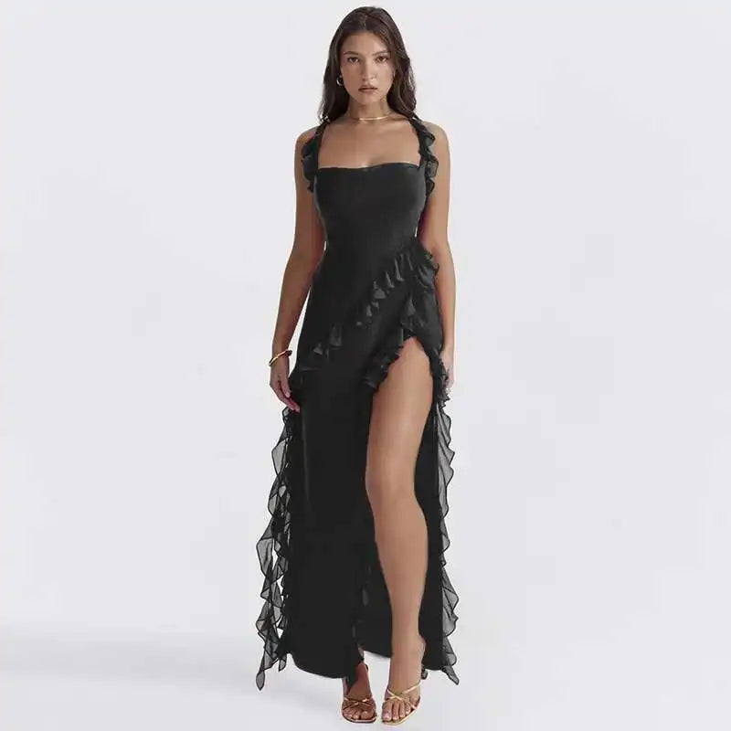 Giyu Sexy Ruffles Summer Dress 2025 Women Clothing Elegant Holiday Club Evening Party Dresses Slash Neck Split Bodycon Long Robe
