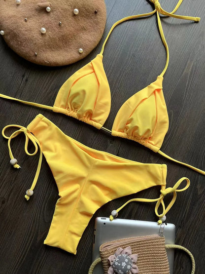 2025 New Sexy Triangle Bathing Suit for Women Brazilian Bikinis Halter Swimwear Push Up Swimsuit Metal Chain Beach Bikini Set