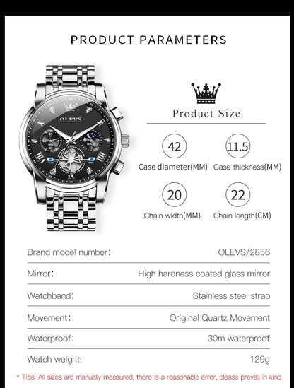 OLEVS 2856 Original Watches Man Multifunctional Chronograph Quartz Watch Waterproof Luminous Moon Phase Watches For Man Reloj