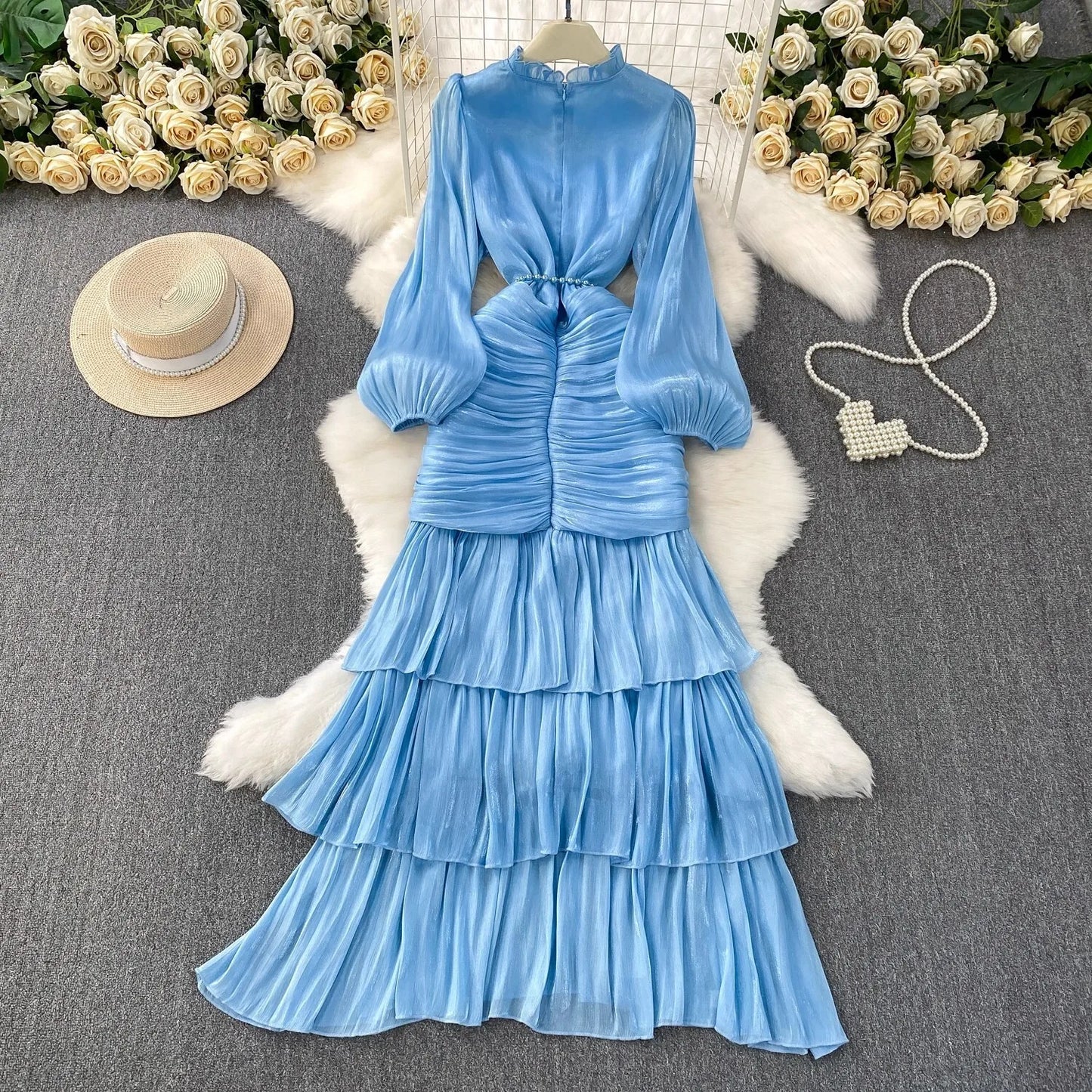 Elegant Autumn Ruffles Long Sleeve Maxi Mermaid Dress Women Hollow Out Casual Satin Fishtail Cake Dresses Prom Evening Vestidos