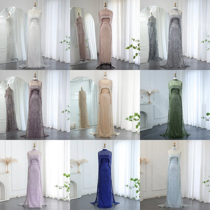 Sharon Said Luxury Pearls Dubai Champagne Evening Dresses with Cape New Arabic Women Mermaid Wedding Party Prom Dress SS369
