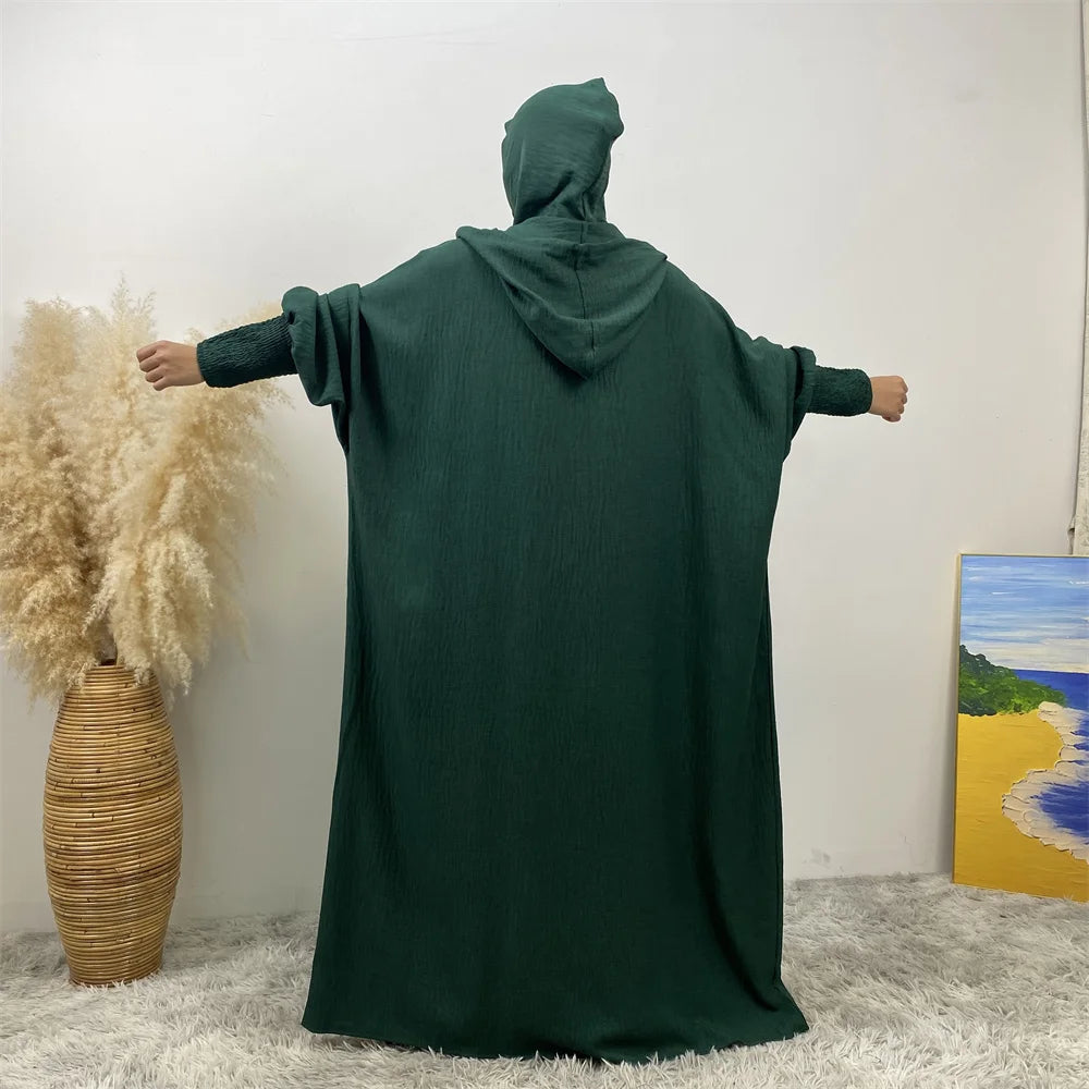 Hot Seller Ramadan Islamic Clothing Wrinkle Polyester Hoodie Abaya Dress With Undercap Muslim Women Abaya Hoodie Causal Dresses