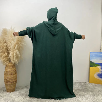Hot Seller Ramadan Islamic Clothing Wrinkle Polyester Hoodie Abaya Dress With Undercap Muslim Women Abaya Hoodie Causal Dresses