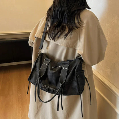 Retro Motorcycle Handbag Women Horizontal Tote Storage Tassel Design Pillow Shoulder Bag Trendy Large Capacity Soft Underarm Bag