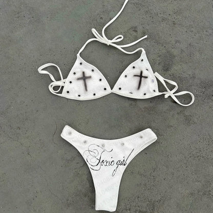 Fashionable letter printed sexy bikini set women's swimsuit patch swimsuit hot pants set summer casual niche fashion Y2k style