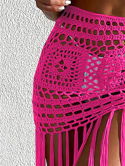 Crochet Tassel Bikini Cover Up Dress Beach Wear Women Tie Up Bather Bathing Suit Tassel Long Skirt Swimsuit Cover Up Beach Dress