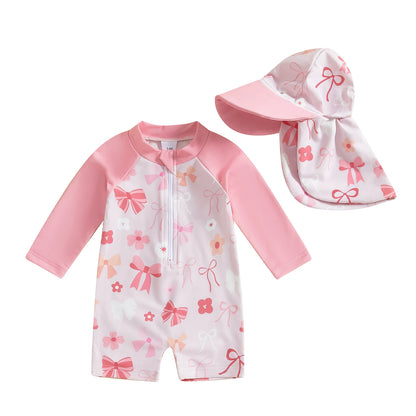 Toddler Girls Boys Beach Wear Kids Swimwear Summer Long Sleeve Floral/Tropical Print Zip Up Bathing Suits with Hat For Swimsuit