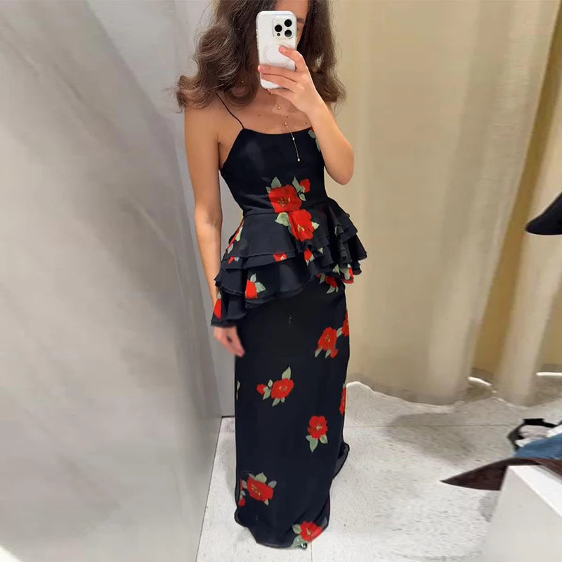 Printed Ruffle Top Skirt Set Women Slim Sling Sleeveless Backless Vest Straight Long Skirts 2025 Summer Elegant Sexy Lady Outfit
