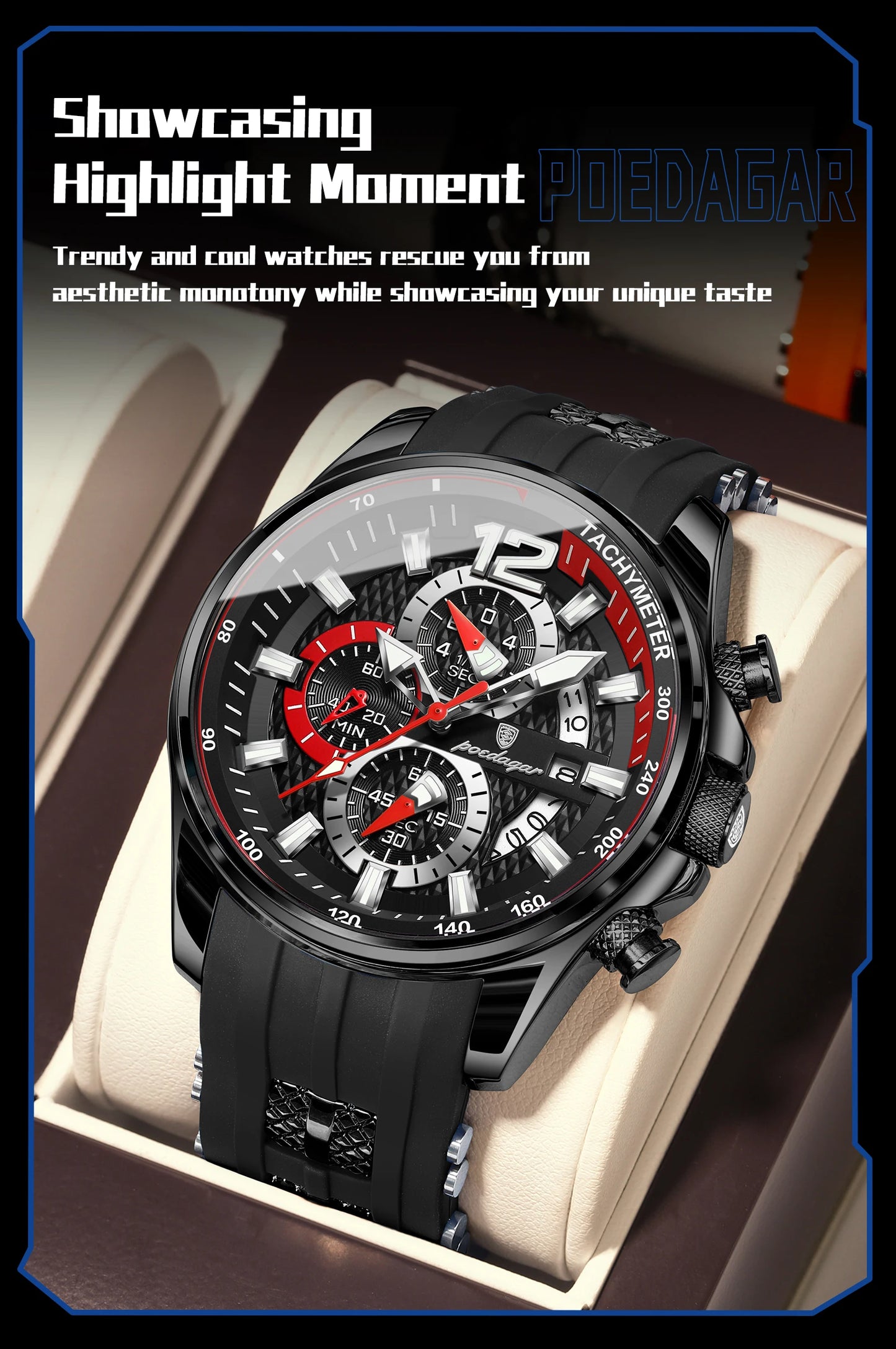 POEDAGAR Original Fashion Men Watch Date Chronograph Silicone Sports Man Clock Luminous Waterproof Military Quartz Men's Watches