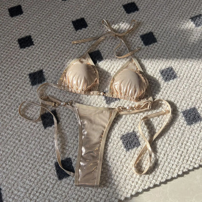 Shiny Pink Micro Bikini 2026 Mujer Women Sexy PU Pearls Push Up Thong Swimsuit Summer Bathing Suit Bandage Holiday Swimwear