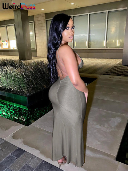 Weird Puss Sexy Backless Women Evening Maxi Dress Folds V-Neck Sleeveless Coquette Elegant Mermaid Matching Banquet Prom Bodycon