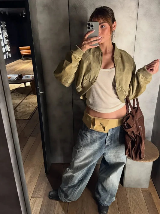 Women Khaki Cropped Bomber Jacket Chic Lapel Zipper Pocket Long Sleeve Short Coat Casual 2026 New Lady Street Daily Crop Outwear
