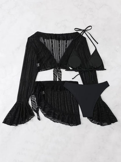 2026 Sexy Four-piece Women Swimsuit Long-sleeve Cover-up Swimwear Summer Solid Bikini Set Brazilian Beachwear Party bathing suit