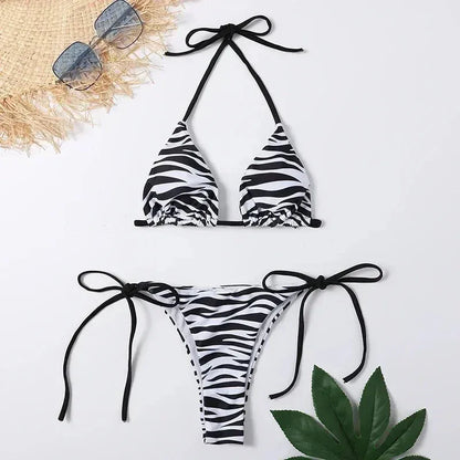 Blue Striped Print Swimwear Triangle Micro Bikini Set Mini Thong Sexy Swimsuit Women Halter String Bathing Suit Bikinis De Mujer