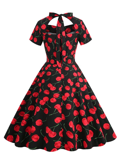 Tonval Sweetheart Neck High Waist Cherry Vintage 50s Midi Dress Short Sleeve Backless Women Tie Back Cotton Rockabilly Dresses