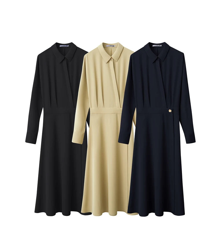 AMII Minimalist French Long-sleeve Shirt Dress for Women 2024 Autumn New A-line Office Lady Solid Midi Dresses Vestidos 12343290