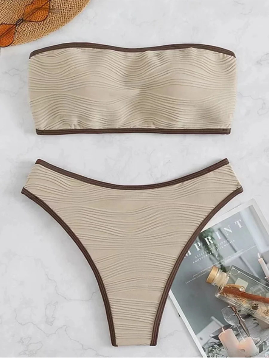 Contrast Binding Bandeau Bikinis 2026 Women Sexy Swimsuit Solid Padded Swimwear Female Bathing Suit Swimming Summer Beachwear
