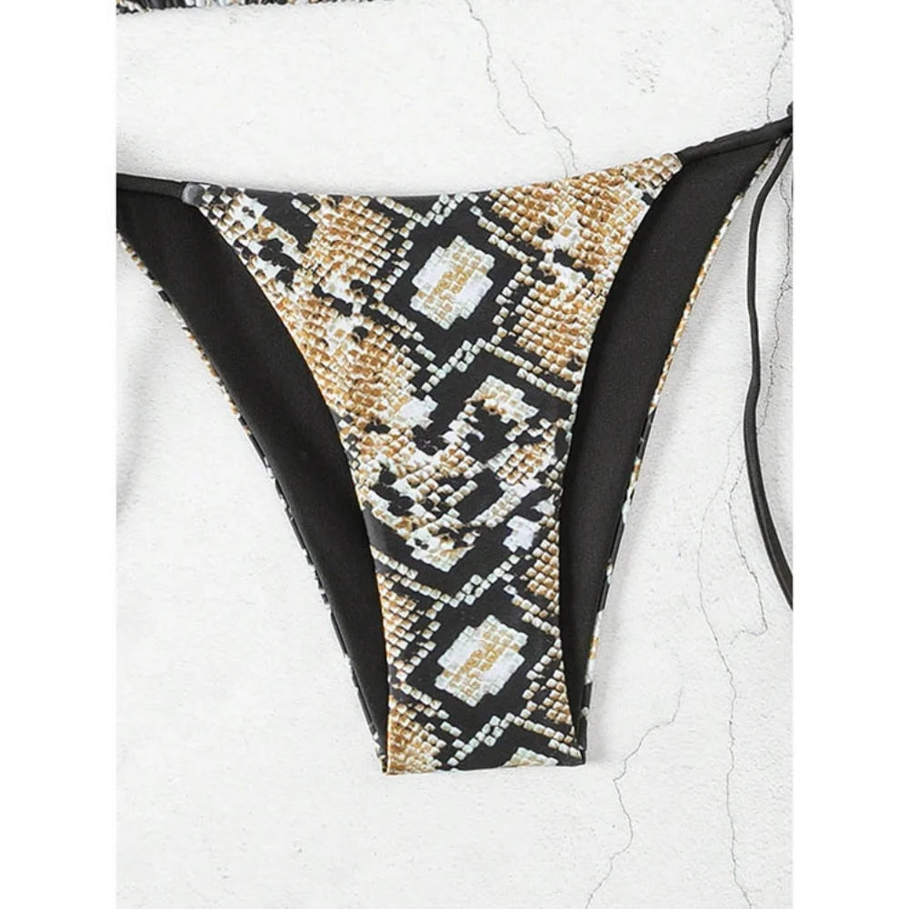 Sexy Leopard Print Two Piece Swimsuit Set Triangle Bra Suspender Halter Backless Bikini Set Beach Vacation Lace-up Swimwear 2025