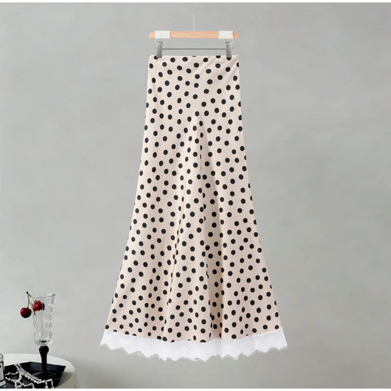 Satin Polka Dots V Neck Maxi Dress Suit Women Elegant Ribbon Full Sleeve Blouse Waist Cinching Long Skirt 2026 Lady Party Outfit